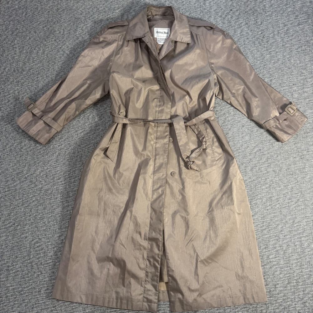 British Mist Vintage Metallic Bronze Trench Coat Belted Rain Jacket Size 12
